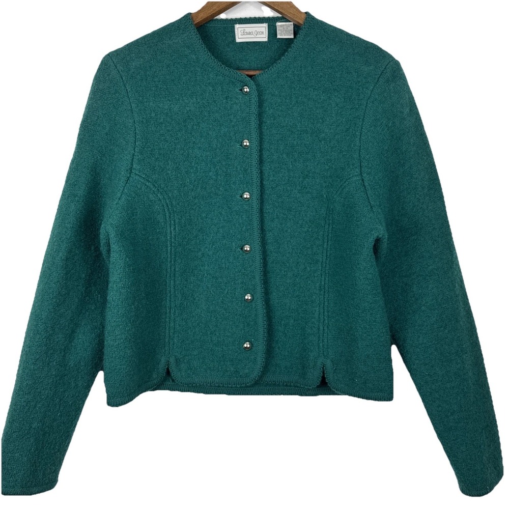 Vintage Laura Jean Cardigan Jacket Womens‎ XL Green Cropped Cottage 100% Wool
